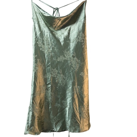 SHEIN Dresses & Skirts - Shein Sage Green Floral Satin Jacquard Cowl Neck Open Back‎ Mini Dress Size M